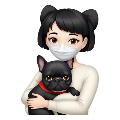 girl with short black straight bangs hair wearing a white mask and hugging a black French bulldog sticker