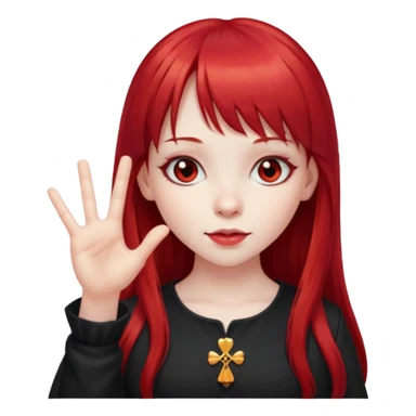 a gothic girl with long red hair and bangs holding a lucky sign sticker