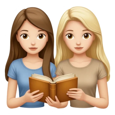 two beautiful girls in beige tops reading a beautiful vintage book. one brunette, the other blonde. both with long hair with and beige T-shirt  sticker