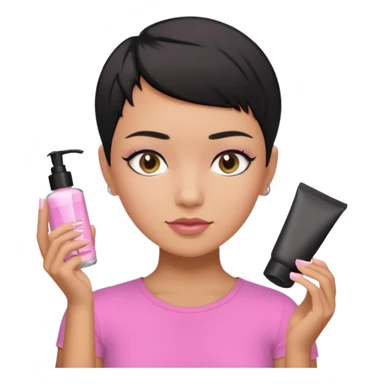 tan girl pink shirt with black hair & a pixie, doing her skin care sticker