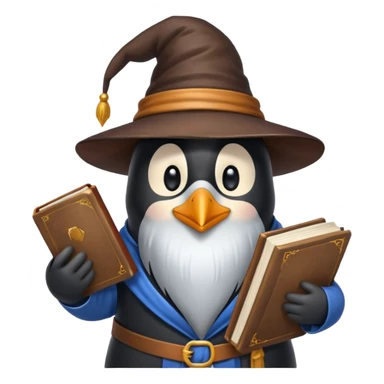 penguin wizard with a long beard holding a book sticker