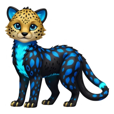 Realistic Obsidian-pitch-black fur body with neon-glowing-blue ring-markings Grem2-Gremz-Cheetah-Sergal-fusion, full body  sticker