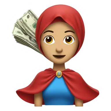 Spouse with blue veil, red dress, halo and flying money underneath sticker