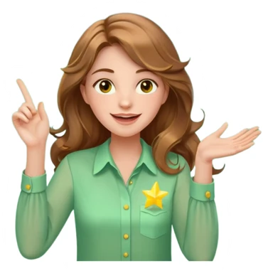 Joyful and imaginative woman with fair skin, long wavy light brown hair, hazel eyes, wearing a light green blouse with yellow accents, holding a glowing lightbulb and gesturing outward. Surrounded by stars, sparkles, speech bubbles, a paper plane, and a small heart. Waist-up, front-facing sticker