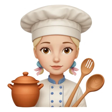 cartoon Apple iOS emoji style woman, pastel colors, Chilean wooden kitchen background, clay pots, warm light, detailed and clean vector art sticker