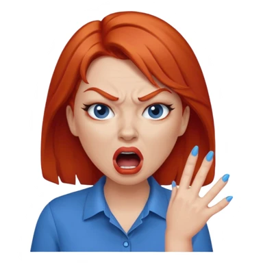 mujer pelirroja con los ojos y los labios maquillados enojada gritando con remera azul sticker