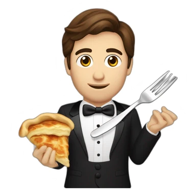 brown haired Man eating bosnian meal called Burek with fork and knife while wearing a tuxedo sticker