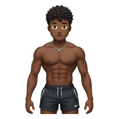 Ripped, athletic man with thick neck, high top fade with no part, curly hair only top only, no shirt and show waistline up, black shorts and more man face sticker