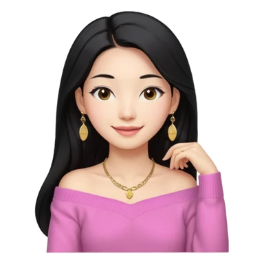 South Korean girl in her mid-thirties with long black hair parted in the middle. She is wearing a pink, off the shoulder long sleeve knit sweater, extra small gold earrings and a gold necklace. She has brown eyes with narrow, mono lid shape and smiling with lips together sticker