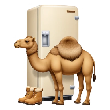 A white refrigerator with a camel head sticking out from the top and four camel legs with Timberland boots coming out from the bottom sticker