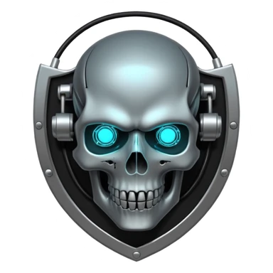 Cyberpunk shield, skull with cybernetic implants, glowing wires, dark electric silver and black tones, no background sticker