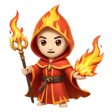 Clash of Clans aesthetic: Cinematic Ferocious Fire Mage Hero closeup Emoji, rendered in a 3D vector-style similar to standard emojis with minimal shading and bold, simplified shapes. A compact, isometric figure draped in flowing, charred and ember-lined robes, wielding a fiery staff crackling with intense flames. Eyes burning with an infernal glow, exuding raw, untamed power. Simplified yet unmistakably iconic, highly detailed and consistent, glowing with a fiery, molten radiance and high shine. Stylized with a touch of menacing sorcery and a searing, ember-infused outline, capturing the essence of a wrathful mage ready to unleash devastating fire magic! sticker