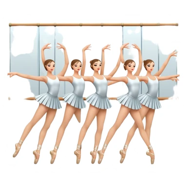 Icon for Choreography: a group of dancers in identical poses, standing by a wall with all wall long mirror, holding a long barre with one hand. The icon should capture the discipline and synchronized movement of dance training. Transparent background. sticker