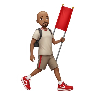 Bald black man with a white goatee in sneakers carrying a red flag sticker