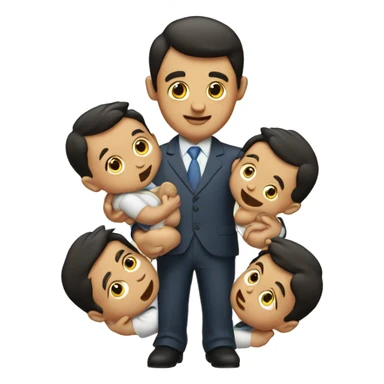 A businessman with 2 babies, one in each hand, each biting his hand sticker