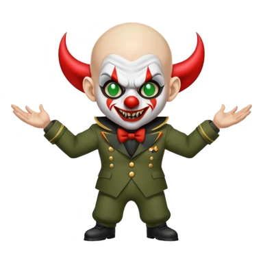 evil clown, bald, short devil horns on forehead, fangs, pointed ears, black and military green leisure suit, battle-ready fighting posture sticker