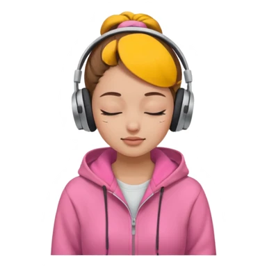 light skin girl wearing headphones. pink hoodie. closed eyes. brown hair in a bun. no makeup. light-light skin. sticker