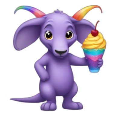 Full body Purple aardvark with a long nose holding a rainbow parfait sticker