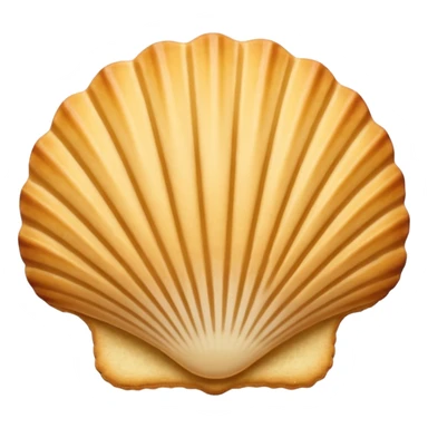 A madeleine pastry. Scalloped seashell shape with four to five vertical lines going in the same direction. Light golden brown. Scalloped edge. Cookie. Flat. sticker
