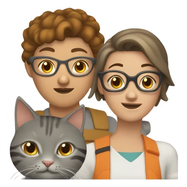 brunette girl with buzzcut and glasses with one grey tabby cat and one brown and orange cat sticker