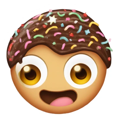 a chocolate swiss roll cake with frosting zigzags as hair and and 2 eyes and a mouth with sprinkle stars as freckles sticker