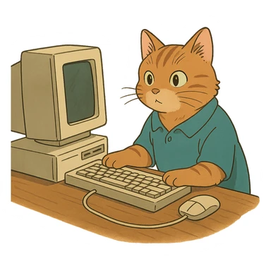 cat at a computer in ghibli style sticker