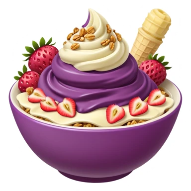 acai purple soft serve in a bowl strawberries and granola and chopped banana sticker