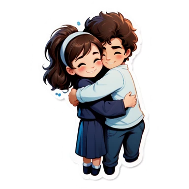 a light brunette girl and a dark brown fluffy hair boy hugging  sticker