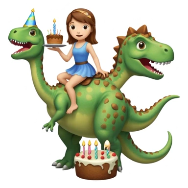 Fairy with brown hair riding a dinosaur presenting a birthday cake sticker