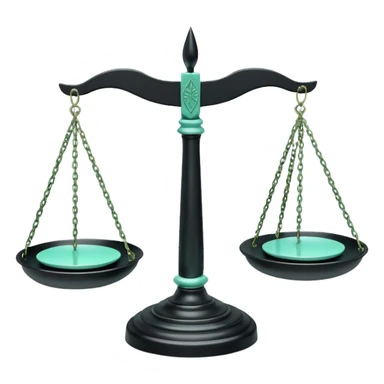 Responsabilité Administrative (Administrative Responsibility), 3D techy icon with black and mint green (#B5F4D3) color scheme, scales of justice with official documents sticker