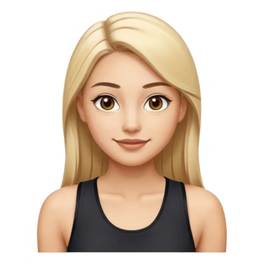 sporty young woman with long straight blonde hair center part light skin big brown eyes defined brows winged eyeliner full nude lips friendly smile wearing black sleeveless athletic top smooth polished cartoon-like sticker