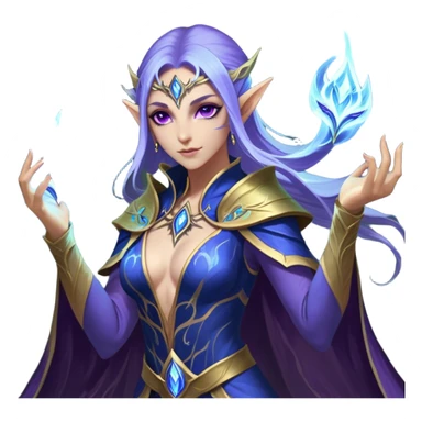 Cinematic Realistic WoW Elf Mage Portrait, captured in a dynamic, battle-ready stance, her graceful form exuding raw arcane energy. Her luminous skin and delicate features, set against an intricately detailed robe in consistent deep blues and purples with golden accents, are rendered with lifelike texture and dynamic, magical lighting, high shine, fierce and commanding, embodying the relentless spirit of an elven sorceress mid-spell. sticker