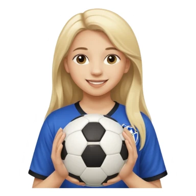 A girl with long light blonde hair with make-up on that looks around 13 years old with a soccer ball sticker