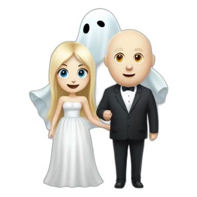 a blondie girl and a bald fat guy dressed as a ghost going to a party sticker