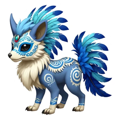 Furry cute colorful exotic tribal feral anime-styled Fakémon-Pokémon-animal-creature with a skull mask, and a feather-mane-collar, and blue feathers, no ears, earless, long furry tail, 4 legs, (full body), with intricate pattern-markings sticker