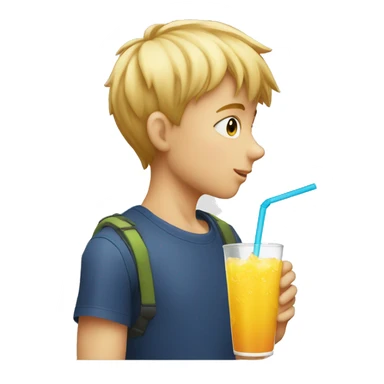 A blonde boy sucking or drinking juice with a straw while his hand is holding the drink, profile view sticker