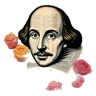 Shakespeare person made of newspaper cuttings wearing flowers,  collage of intricate patterns, roses flowers sticker