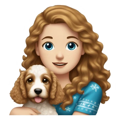 white girl with long brown hair and blue eyes wearing a christmas dress, holding a golden doodle puppy sticker