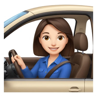 Brunette woman driving car like crazy. New car. Happy face confidence  sticker