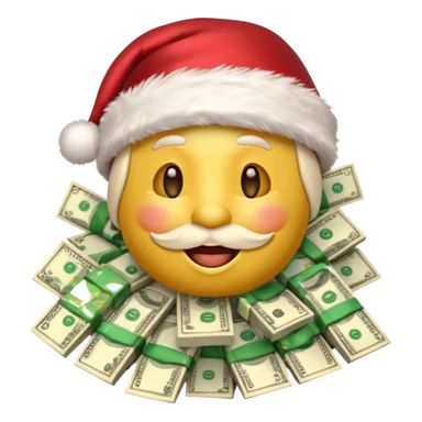 A rich happy emoji face in Santa hat, covered in money, cash stacks and flying dollar bills, Christmas mood, New Year festive style, glossy 3D emoji, vibrant colors, high detail, no text, isolated, transparent background sticker
