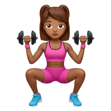 workout girl with brown hair, lifting dumbbells, sporty attire, emoji style sticker