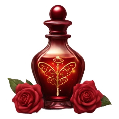 Dark red magic fairy light sparkling old Antique oil perfume bottle with herbal and rose flowers sticker