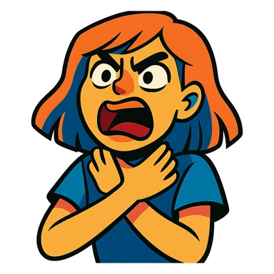 girl expressing intense emotion with hands near her neck, dramatic facial expression, vibrant toon style sticker