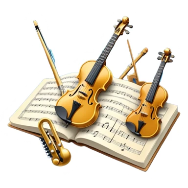 Create an artistic emoji that represents music arrangement and orchestration. The design should feature various orchestral instruments (drums, violin, electric guitar, synthesizer) and conductor's baton, musical scores. Incorporate flowing lines to represent harmony and orchestral balance, along with a subtle representation of sheet music. Use rich, classical colors like gold, silver, or deep blue, and create an atmosphere of sophistication and precision. The background should be transparent. sticker