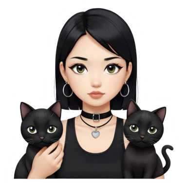Asian cool girl, black hair, medium length.  Holding two BLACK cats. one cat has a round fat face, the other one has a slightly slimmer face. Both pure black.  The girl also wearing a black singlet, a black chocker, silver round hook earring, and wearing eyeliner.  sticker