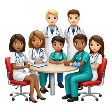 Group of medical professionals sitting around a table in a meeting, with emergency medical symbols sticker