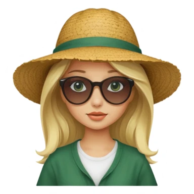 
blonde girl in dark green beach big hat adjusting sunglasses sticker