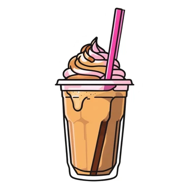 caramel iced coffee in clear cup with pink straw sticker