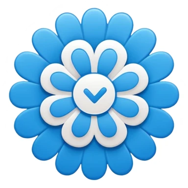 Blue social media verification badge, scalloped circular shape (flower-like edges), solid bright blue color, white bold check mark in center, flat vector emoji style, clean minimal design, symmetrical, transparent background sticker