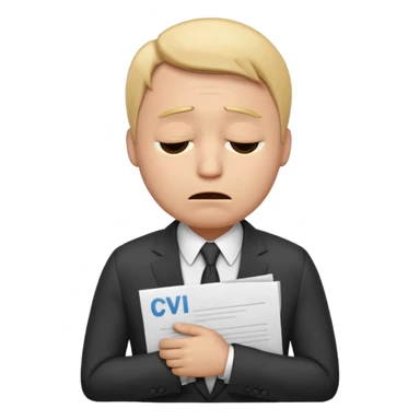  emoji character wearing a suit. face has a very sad crying, disappointed expression with drooping eyebrows and half-closed eyes. posture is dejected, with slumped shoulders just rejected from his interview to get a job, holding cv. dont relate to any gender sticker